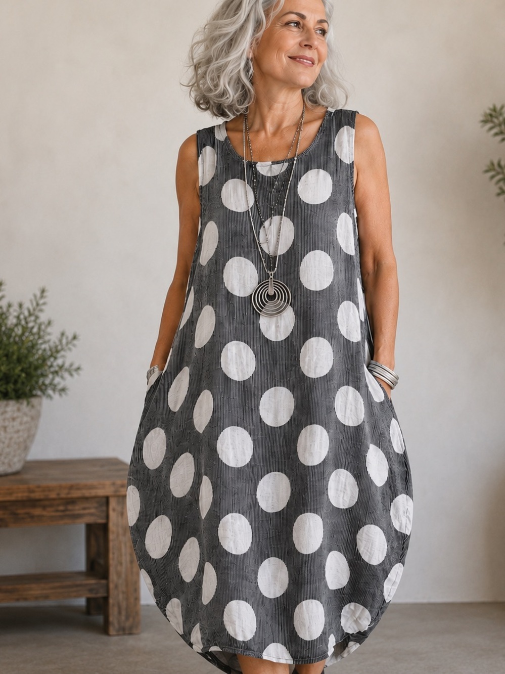 Oversized Italian Linen Polka Dot Balloon Dress Lagenlook Art-to-Wear